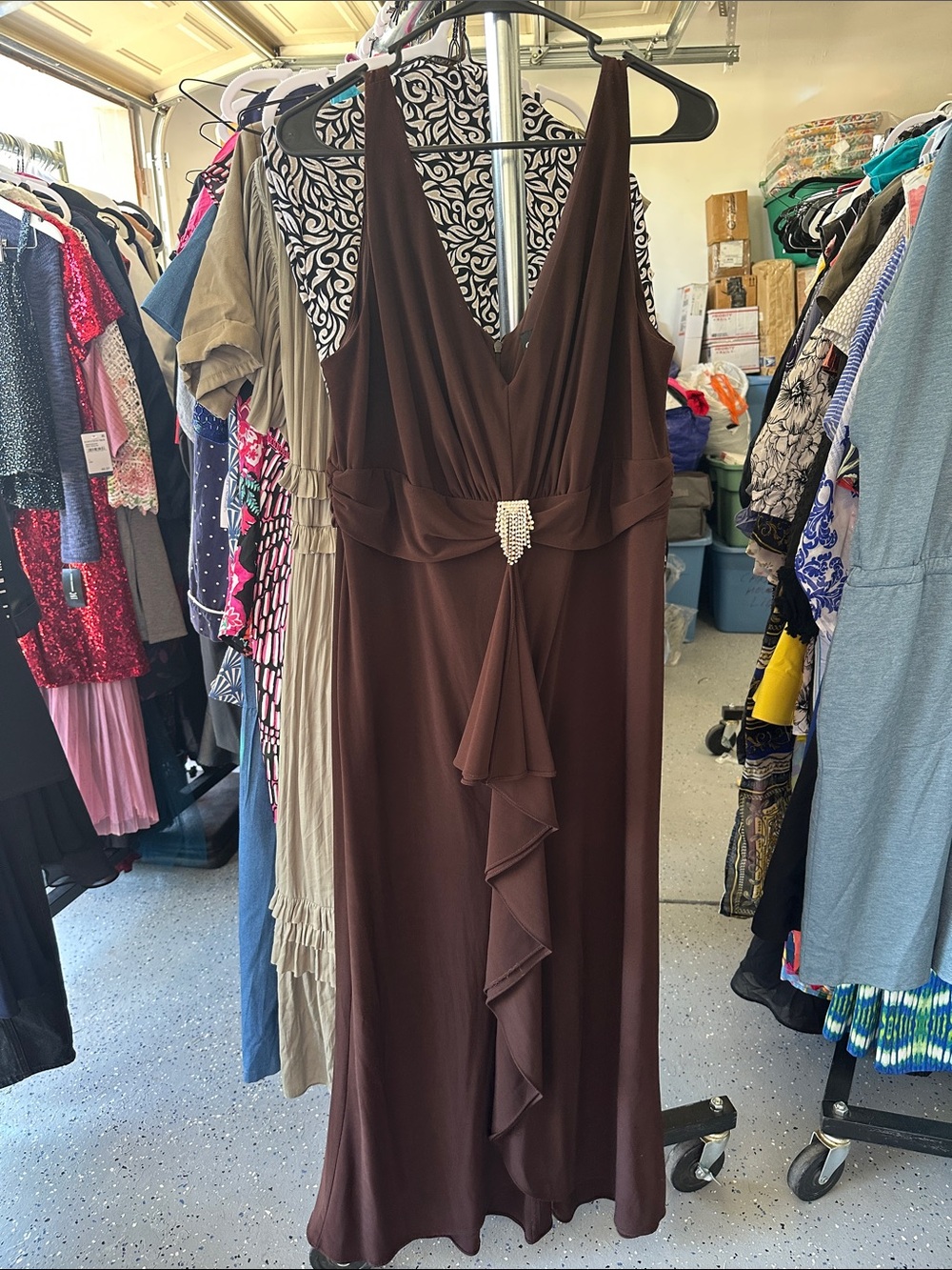 Onyx Nite Brown V-Neck Evening Gown with Rhinestone Detail